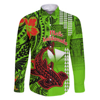 Personalised Hawaii Christmas Family Matching Summer Maxi Dress and Hawaiian Shirt Mele Kalikimaka Kakau Polynesian Shark Tattoo LT14 Dad's Shirt - Long Sleeve Green - Polynesian Pride