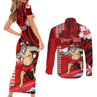Personalised Hawaii Christmas Couples Matching Short Sleeve Bodycon Dress and Long Sleeve Button Shirts Mele Kalikimaka Surfing Santa Claus LT14 - Polynesian Pride