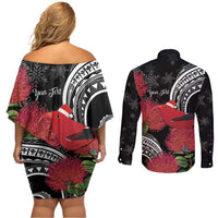 Personalized Mele Kalikimaka Hawaii Couples Matching Off Shoulder Short Dress and Long Sleeve Button Shirt I'iwi Bird With Ohia Lehua - Black Color LT14 - Polynesian Pride