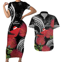 Personalized Mele Kalikimaka Hawaii Couples Matching Short Sleeve Bodycon Dress and Hawaiian Shirt I'iwi Bird With Ohia Lehua - Black Color LT14 Black - Polynesian Pride