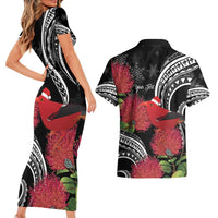 Personalized Mele Kalikimaka Hawaii Couples Matching Short Sleeve Bodycon Dress and Hawaiian Shirt I'iwi Bird With Ohia Lehua - Black Color LT14 - Polynesian Pride