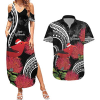 Personalized Mele Kalikimaka Hawaii Couples Matching Summer Maxi Dress and Hawaiian Shirt I'iwi Bird With Ohia Lehua - Black Color LT14 Black - Polynesian Pride