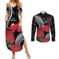 Personalized Mele Kalikimaka Hawaii Couples Matching Summer Maxi Dress and Long Sleeve Button Shirt I'iwi Bird With Ohia Lehua - Black Color LT14 Black - Polynesian Pride