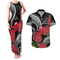 Personalized Mele Kalikimaka Hawaii Couples Matching Tank Maxi Dress and Hawaiian Shirt I'iwi Bird With Ohia Lehua - Black Color LT14 Black - Polynesian Pride