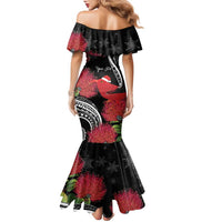Personalized Mele Kalikimaka Hawaii Family Matching Mermaid Dress and Hawaiian Shirt I'iwi Bird With Ohia Lehua - Black Color