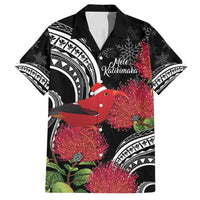 Personalized Mele Kalikimaka Hawaii Family Matching Off Shoulder Maxi Dress and Hawaiian Shirt I'iwi Bird With Ohia Lehua - Black Color LT14 Dad's Shirt - Short Sleeve Black - Polynesian Pride