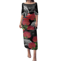 Personalized Mele Kalikimaka Hawaii Family Matching Puletasi and Hawaiian Shirt I'iwi Bird With Ohia Lehua - Black Color LT14 Mom's Dress Black - Polynesian Pride