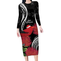 Personalized Mele Kalikimaka Hawaii Long Sleeve Bodycon Dress I'iwi Bird With Ohia Lehua - Black Color LT14 Long Dress Black - Polynesian Pride