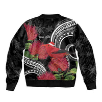 Personalized Mele Kalikimaka Hawaii Sleeve Zip Bomber Jacket I'iwi Bird With Ohia Lehua - Black Color LT14 - Polynesian Pride