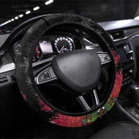 Mele Kalikimaka Hawaii Steering Wheel Cover I'iwi Bird With Ohia Lehua - Black Color LT14 Universal Fit Black - Polynesian Pride