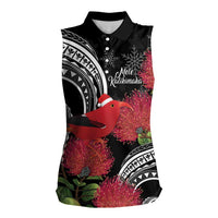 Personalized Mele Kalikimaka Hawaii Women Sleeveless Polo Shirt I'iwi Bird With Ohia Lehua - Black Color LT14 Female Black - Polynesian Pride