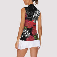 Personalized Mele Kalikimaka Hawaii Women Sleeveless Polo Shirt I'iwi Bird With Ohia Lehua - Black Color LT14 - Polynesian Pride