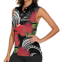 Personalized Mele Kalikimaka Hawaii Women Sleeveless Polo Shirt I'iwi Bird With Ohia Lehua - Black Color LT14 - Polynesian Pride