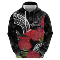 Personalized Mele Kalikimaka Hawaii Zip Hoodie I'iwi Bird With Ohia Lehua - Black Color LT14 - Polynesian Pride