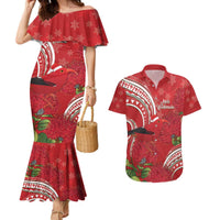Personalized Mele Kalikimaka Hawaii Couples Matching Mermaid Dress and Hawaiian Shirt I'iwi Bird With Ohia Lehua - Red Color LT14 Red - Polynesian Pride
