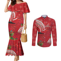 Personalized Mele Kalikimaka Hawaii Couples Matching Mermaid Dress and Long Sleeve Button Shirt I'iwi Bird With Ohia Lehua - Red Color LT14 Red - Polynesian Pride