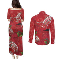 Personalized Mele Kalikimaka Hawaii Couples Matching Puletasi and Long Sleeve Button Shirt I'iwi Bird With Ohia Lehua - Red Color LT14 - Polynesian Pride