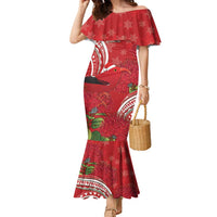 Personalized Mele Kalikimaka Hawaii Family Matching Mermaid Dress and Hawaiian Shirt I'iwi Bird With Ohia Lehua - Red Color