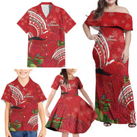 Personalized Mele Kalikimaka Hawaii Family Matching Off Shoulder Maxi Dress and Hawaiian Shirt I'iwi Bird With Ohia Lehua - Red Color LT14 - Polynesian Pride