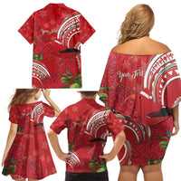 Personalized Mele Kalikimaka Hawaii Family Matching Off Shoulder Short Dress and Hawaiian Shirt I'iwi Bird With Ohia Lehua - Red Color LT14 - Polynesian Pride