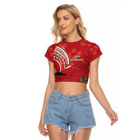 Personalized Mele Kalikimaka Hawaii Raglan Cropped T Shirt I'iwi Bird With Ohia Lehua - Red Color LT14 Female Red - Polynesian Pride