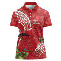 Personalized Mele Kalikimaka Hawaii Women Polo Shirt I'iwi Bird With Ohia Lehua - Red Color LT14 Female Red - Polynesian Pride