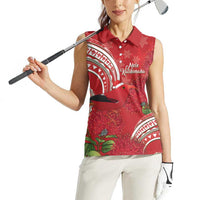 Personalized Mele Kalikimaka Hawaii Women Sleeveless Polo Shirt I'iwi Bird With Ohia Lehua - Red Color LT14 - Polynesian Pride
