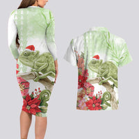 Pastel Green Hawaii Chameleon Christmas Couples Matching Long Sleeve Bodycon Dress and Hawaiian Shirt Mele Kalikimaka Kakau - Watercolor LT14 - Polynesian Pride