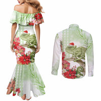 Pastel Green Hawaii Chameleon Christmas Couples Matching Mermaid Dress and Long Sleeve Button Shirt Mele Kalikimaka Kakau - Watercolor LT14 - Polynesian Pride
