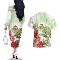 Pastel Green Hawaii Chameleon Christmas Couples Matching Off The Shoulder Long Sleeve Dress and Hawaiian Shirt Mele Kalikimaka Kakau - Watercolor LT14 - Polynesian Pride