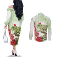 Pastel Green Hawaii Chameleon Christmas Couples Matching Off The Shoulder Long Sleeve Dress and Long Sleeve Button Shirt Mele Kalikimaka Kakau - Watercolor LT14 - Polynesian Pride