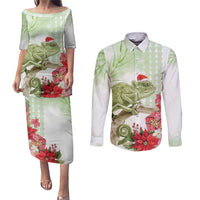 Pastel Green Hawaii Chameleon Christmas Couples Matching Puletasi and Long Sleeve Button Shirt Mele Kalikimaka Kakau - Watercolor LT14 Green - Polynesian Pride