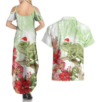 Pastel Green Hawaii Chameleon Christmas Couples Matching Summer Maxi Dress and Hawaiian Shirt Mele Kalikimaka Kakau - Watercolor LT14 - Polynesian Pride