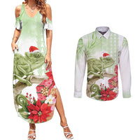Pastel Green Hawaii Chameleon Christmas Couples Matching Summer Maxi Dress and Long Sleeve Button Shirt Mele Kalikimaka Kakau - Watercolor LT14 Green - Polynesian Pride