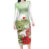 Pastel Green Hawaii Chameleon Christmas Family Matching Long Sleeve Bodycon Dress and Hawaiian Shirt Mele Kalikimaka Kakau - Watercolor LT14 Mom's Dress Green - Polynesian Pride