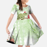 Pastel Green Hawaii Chameleon Christmas Kid Short Sleeve Dress Mele Kalikimaka Kakau - Watercolor LT14 KID Green - Polynesian Pride