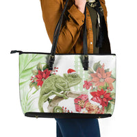 Pastel Green Hawaii Chameleon Christmas Leather Tote Bag Mele Kalikimaka Kakau - Watercolor LT14 - Polynesian Pride