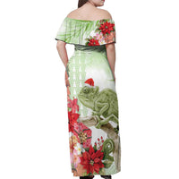 Pastel Green Hawaii Chameleon Christmas Off Shoulder Maxi Dress Mele Kalikimaka Kakau - Watercolor LT14 - Polynesian Pride