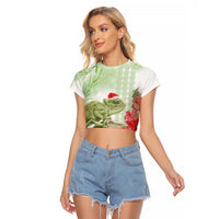 Pastel Green Hawaii Chameleon Christmas Raglan Cropped T Shirt Mele Kalikimaka Kakau - Watercolor LT14 Female Green - Polynesian Pride