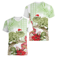 Pastel Green Hawaii Chameleon Christmas Women V-Neck T-Shirt Mele Kalikimaka Kakau - Watercolor LT14 - Polynesian Pride