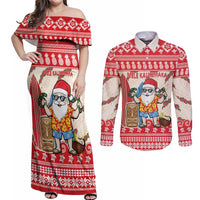 Hawaii Christmas Six Seven Couples Matching Off Shoulder Maxi Dress and Long Sleeve Button Shirt Mele Kalikimaka Funny Santa 67 Gen Alpha Slang LT14 Red - Polynesian Pride