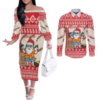 Hawaii Christmas Six Seven Couples Matching Off The Shoulder Long Sleeve Dress and Long Sleeve Button Shirt Mele Kalikimaka Funny Santa 67 Gen Alpha Slang LT14 Red - Polynesian Pride