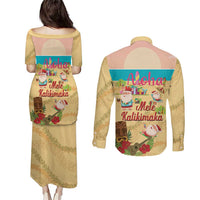 Aloha Hawaii Mele Kalikimaka Couples Matching Puletasi and Long Sleeve Button Shirt Beachy Funny Santa Hawaiian Lei LT14 - Polynesian Pride
