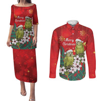 New Zealand Kakapo Christmas Couples Matching Puletasi and Long Sleeve Button Shirt Owl Parrot Santa Sliver Fern Manuka - Red LT14 Red - Polynesian Pride