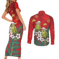 New Zealand Kakapo Christmas Couples Matching Short Sleeve Bodycon Dress and Long Sleeve Button Shirt Owl Parrot Santa Sliver Fern Manuka - Red LT14 - Polynesian Pride