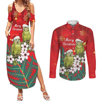 New Zealand Kakapo Christmas Couples Matching Summer Maxi Dress and Long Sleeve Button Shirt Owl Parrot Santa Sliver Fern Manuka - Red LT14 Red - Polynesian Pride