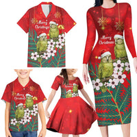 New Zealand Kakapo Christmas Family Matching Long Sleeve Bodycon Dress and Hawaiian Shirt Owl Parrot Santa Sliver Fern Manuka - Red LT14 - Polynesian Pride
