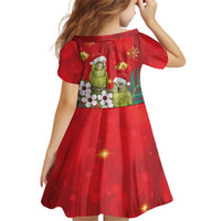 New Zealand Kakapo Christmas Kid Short Sleeve Dress Owl Parrot Santa Sliver Fern Manuka - Red LT14 - Polynesian Pride