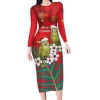 New Zealand Kakapo Christmas Long Sleeve Bodycon Dress Owl Parrot Santa Sliver Fern Manuka - Red LT14 Long Dress Red - Polynesian Pride