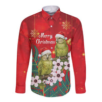 New Zealand Kakapo Christmas Long Sleeve Button Shirt Owl Parrot Santa Sliver Fern Manuka - Red LT14 Unisex Red - Polynesian Pride